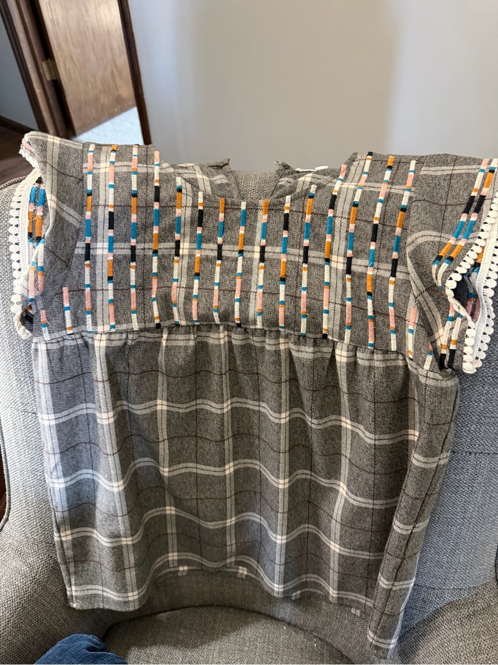 Gray Plaid Knit Womens top with Multicolor Embroidery